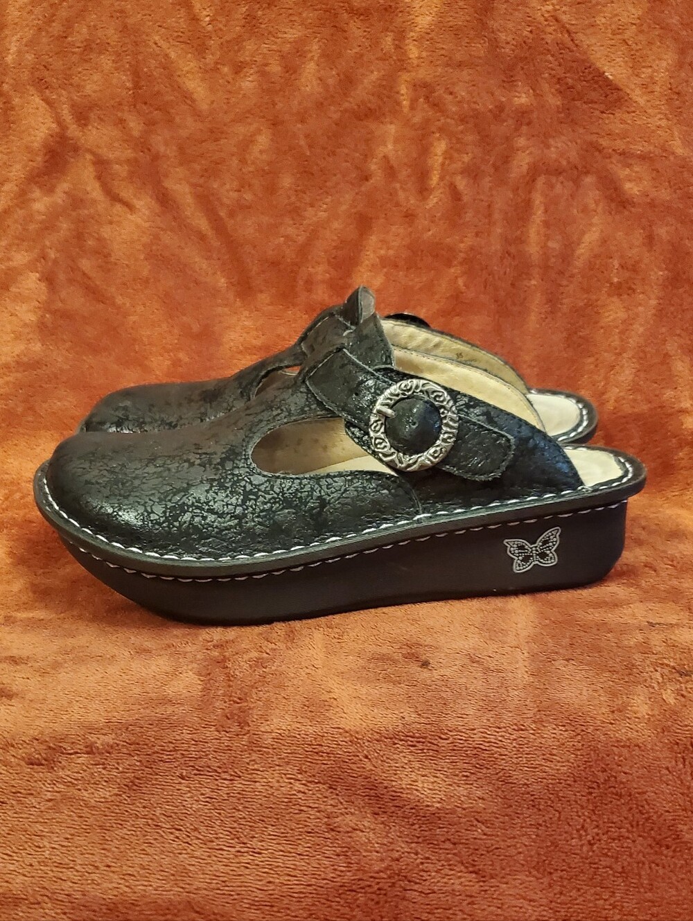 Black Platform Mary Jane Leather Mules/Clogs with Decorative Buckle
